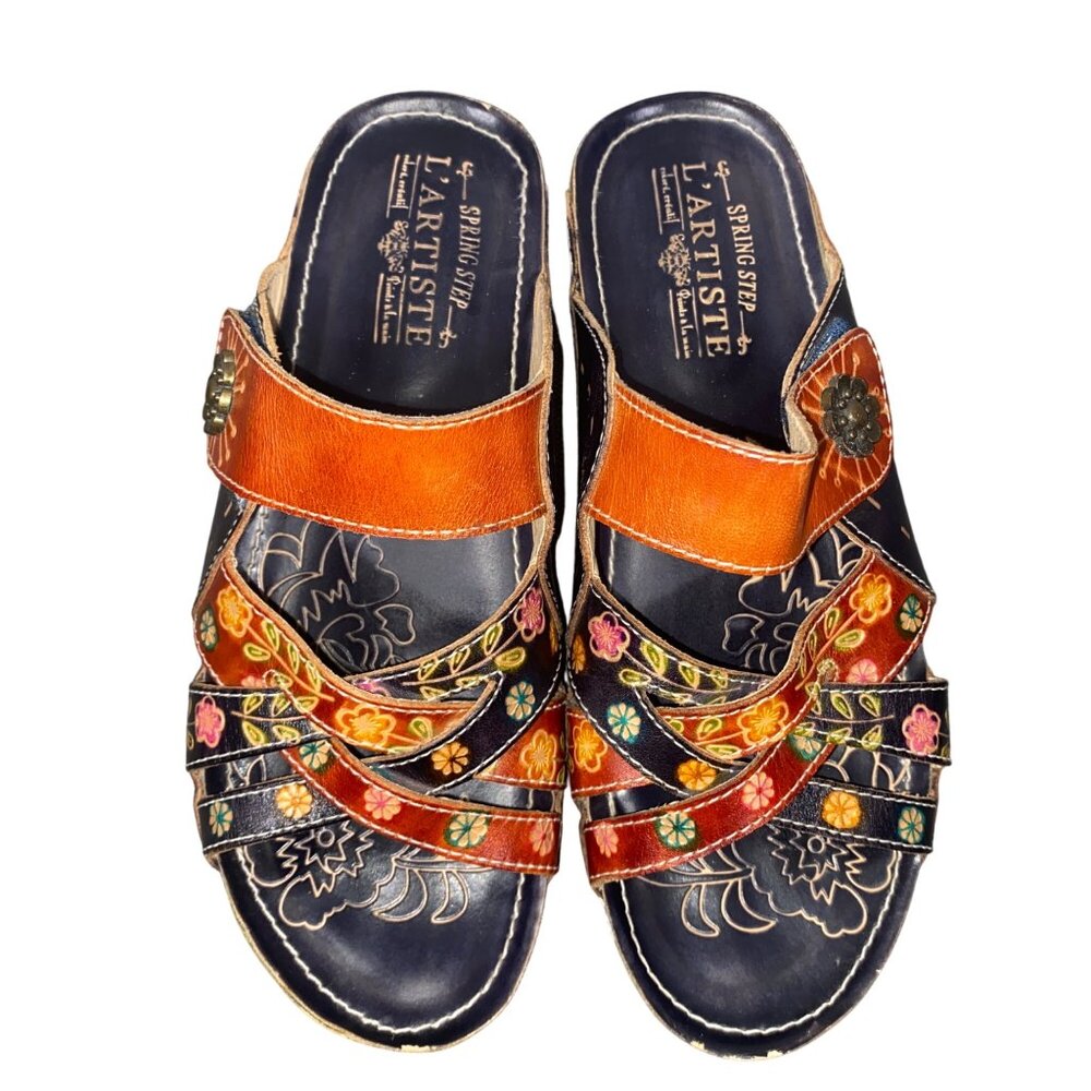 LArtiste By Spring Step Womens Sandals Size 38 Floral Embroidered Leather Slide